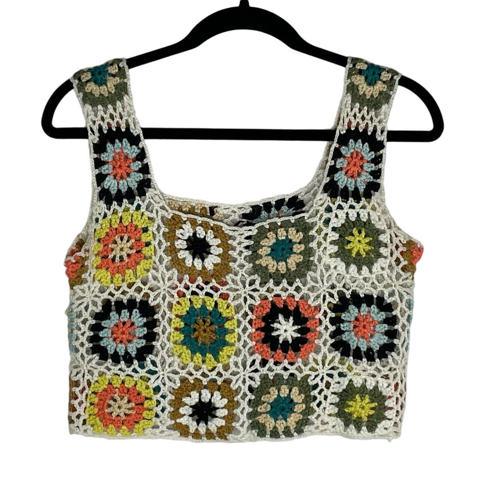 Unbranded Vintage crochet open knit Afghan cropped tank top blouse multi-color